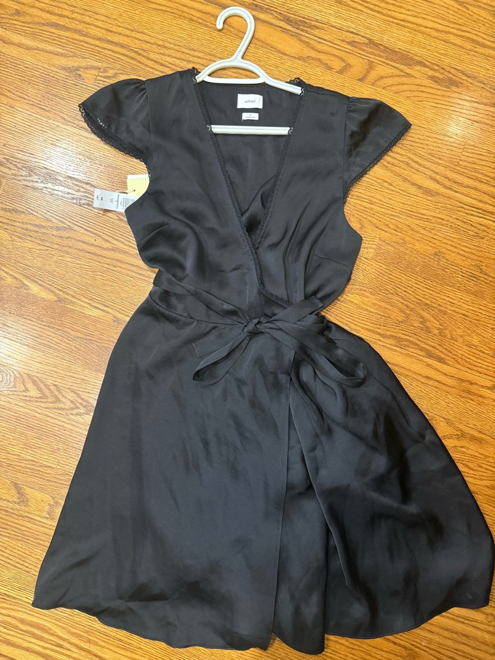Wilfred Black Satin Wrap Dress with Self-Tie Waist